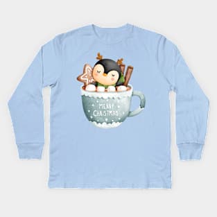 Cute Christmas Penguin in a Teacup Kids Long Sleeve T-Shirt